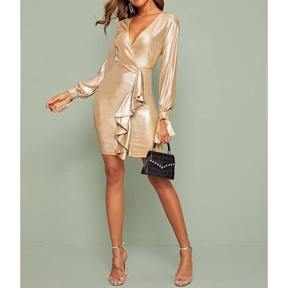 Gold Metallic Deep V Ruffle Fitted Cocktail Dress - Picture 4 of 6